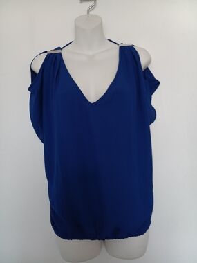 New York & Company Royal Blue Cold-Shoulder V-Neck Top